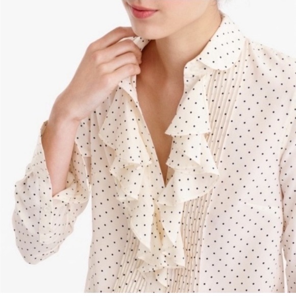 J. Crew Cream and Black Polka Dot Silk Tuxedo Ruffle Button Down Shirt Size 2 - Picture 2 of 9